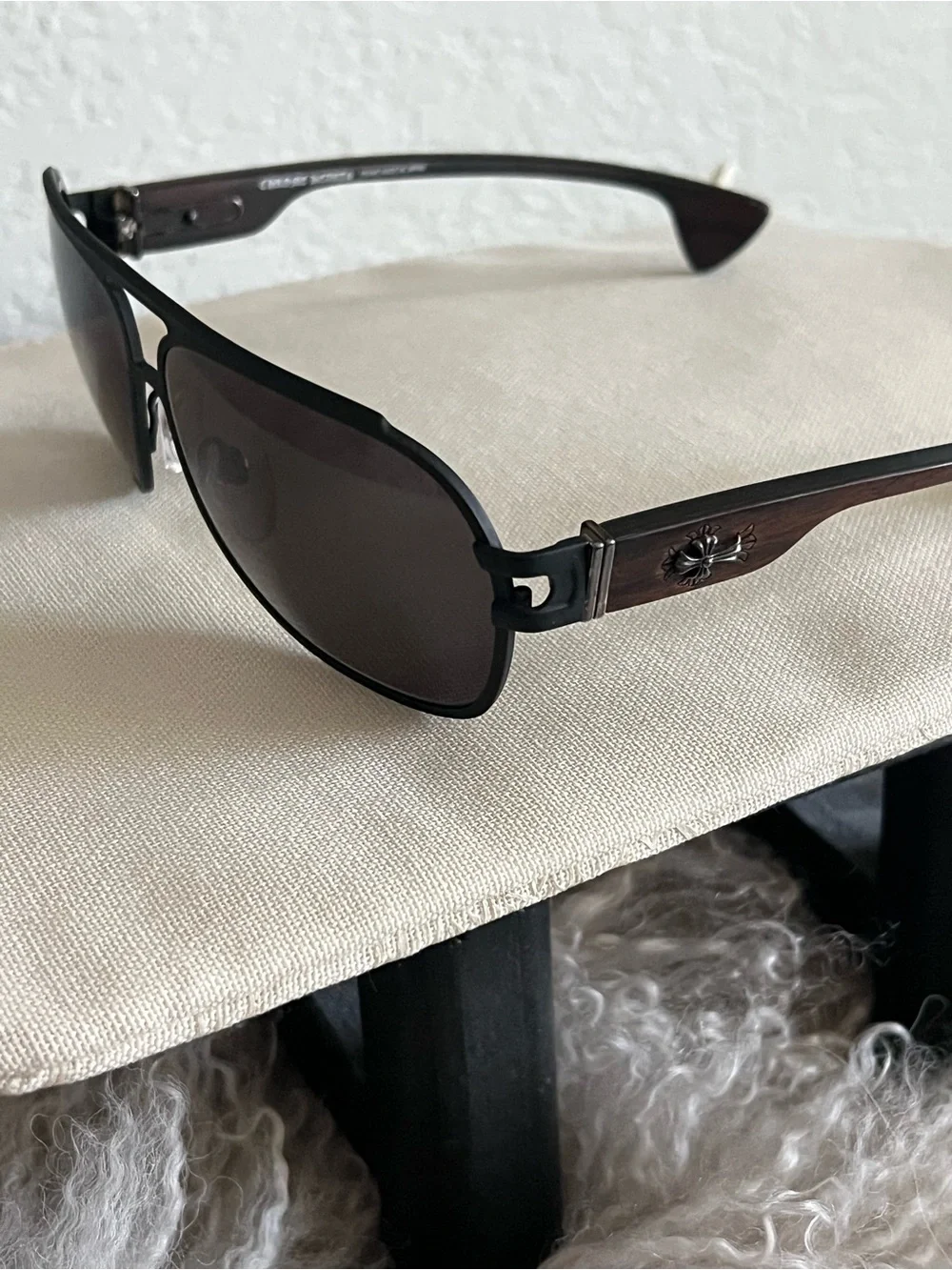 Chrome Hearts Black Leather Sunglasses with Dark Smoke Lenses Exotic Wood.